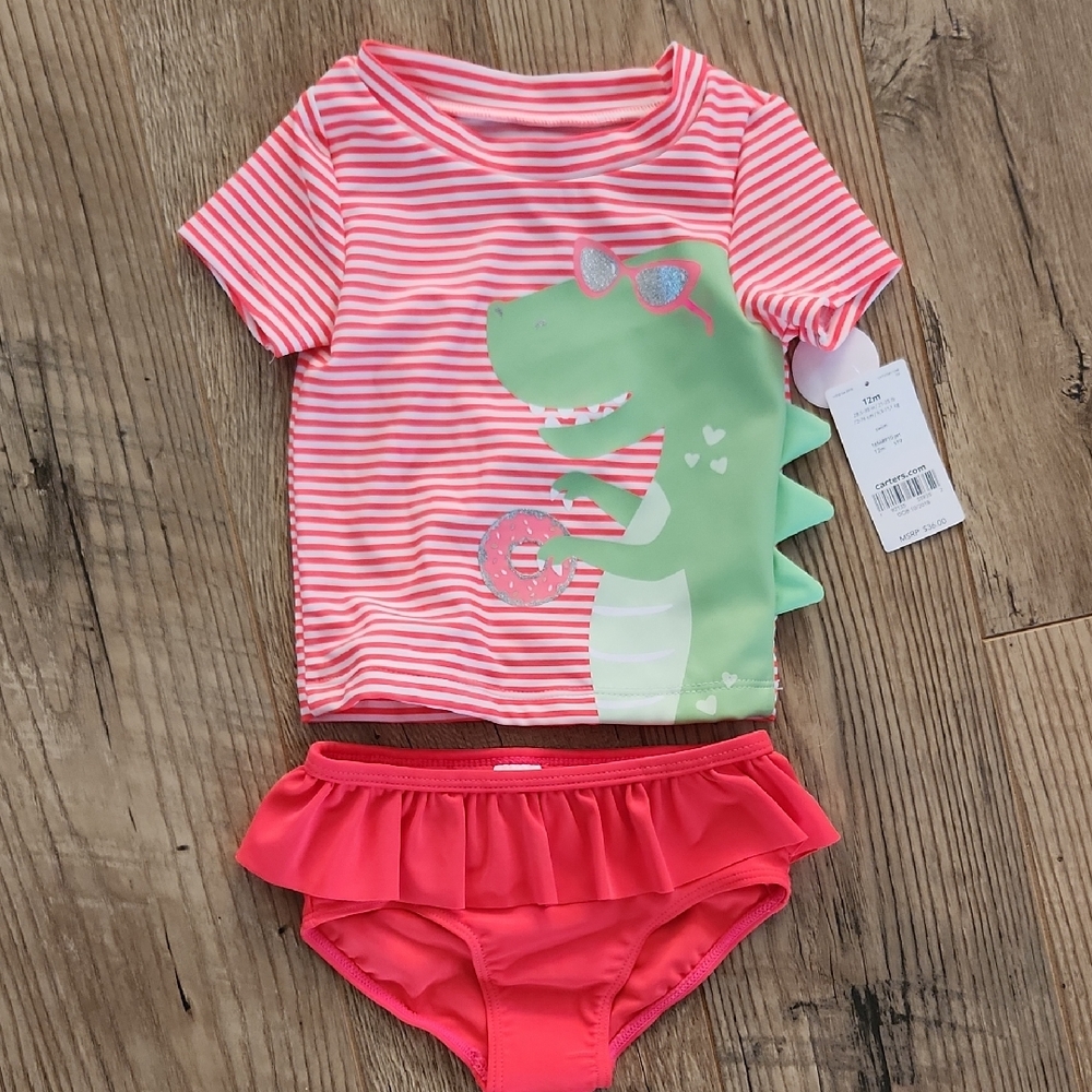 Kids Swim Set with Dinosaur Design - Pink and Green